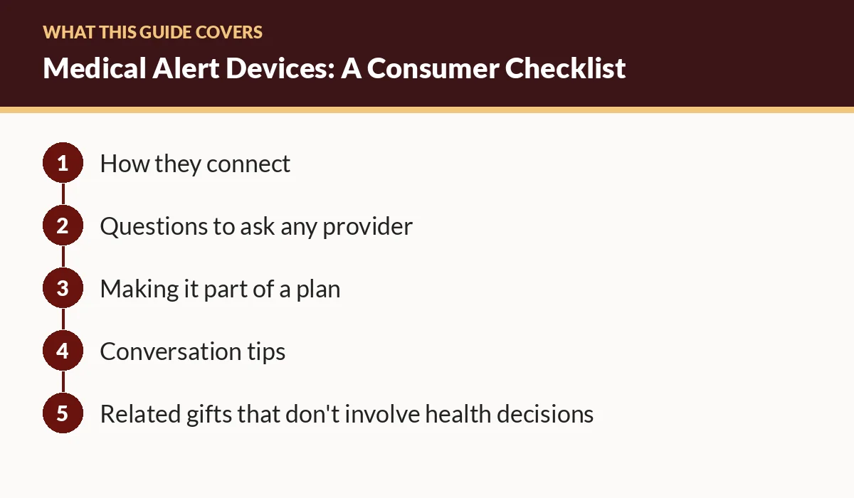 Diagram of the sections in this guide: How they connect; Questions to ask any provider; Making it part of a plan; Conversation tips; Related gifts that don't involve health decisions